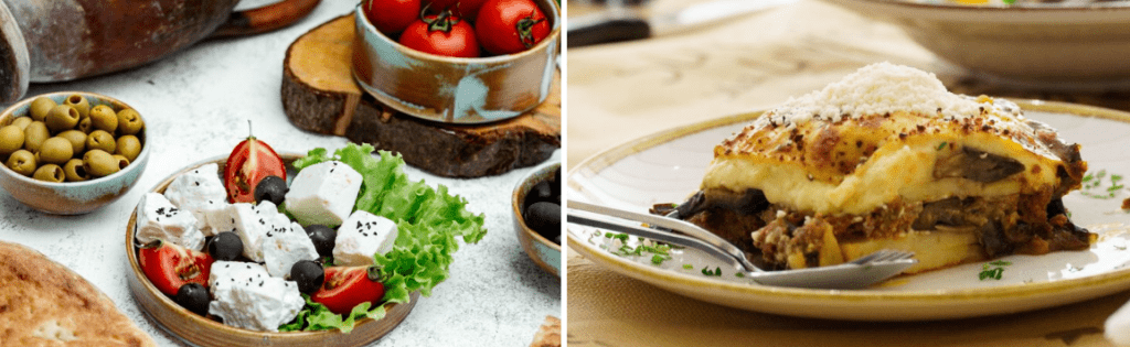 Greek food mezes, moussakas, traditional Greek salad, kadaifi, baklavas,